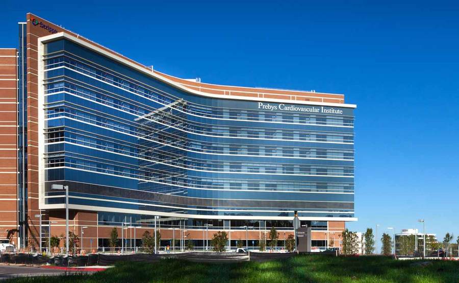 The exterior of Prebys Cardiovascular Institute, located on the campus of Scripps Memorial Hospital La Jolla near I-5 and Genesee Avenue.