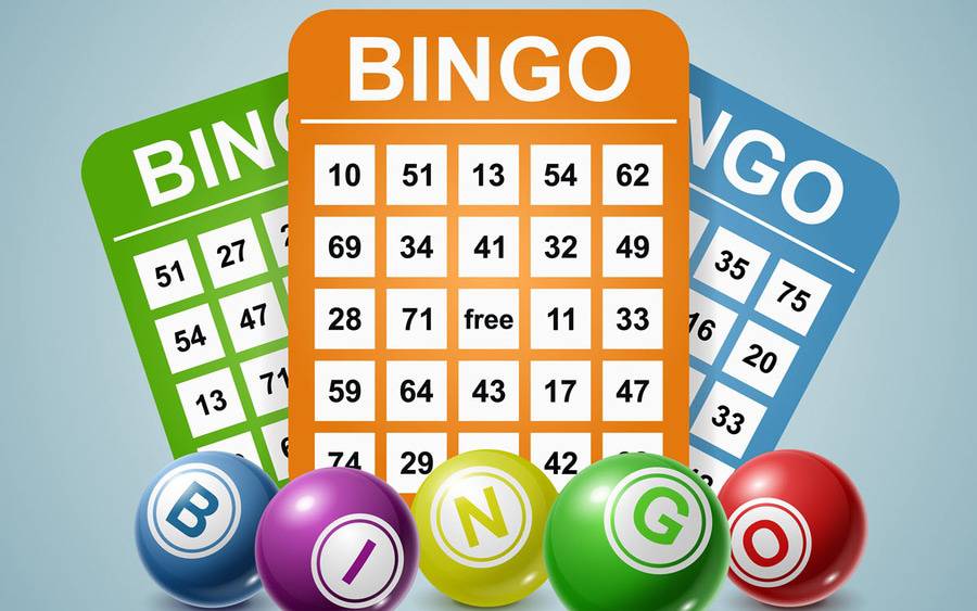 Three green, orange and blue Bingo cards with a blue background. Bingo balls spell out the word Bingo.