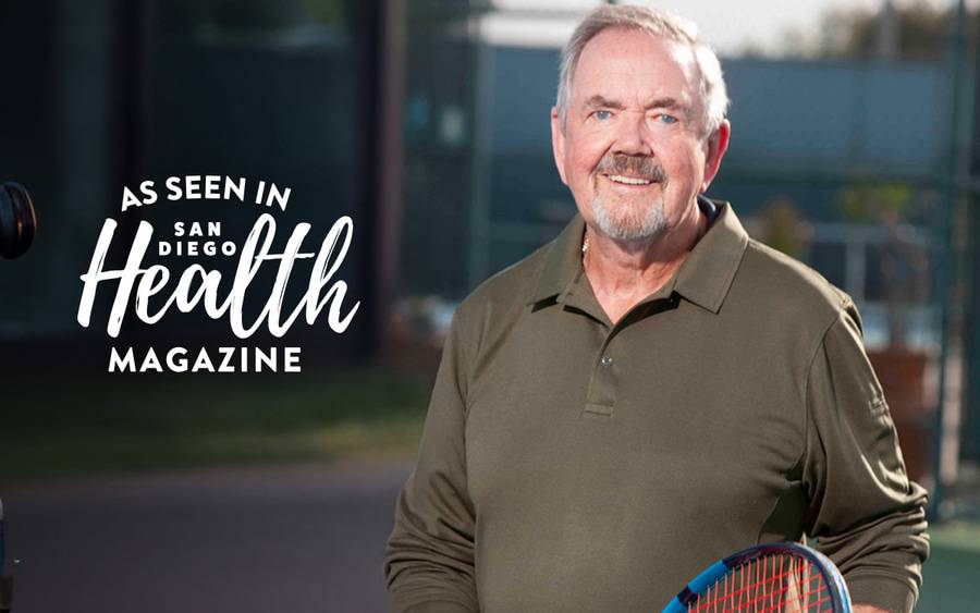 Dennis Higginbottom, 76, an ex-smoker is back on the tennis court after Scripps Cancer Center's lung cancer screening program worked to help detect lung cancer early. SD Health Magazine