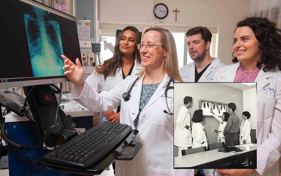 Scripps residents look at a chest X-ray during their Graduate Medical Education program in San Diego. A photo of residents from the early days is also displayed. 