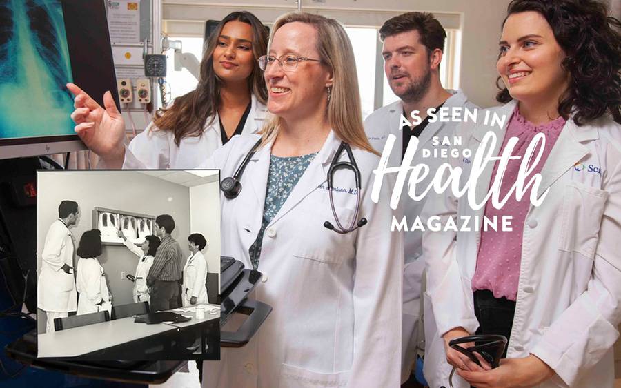 Scripps residents look at a chest X-ray during their Graduate Medical Education program in San Diego. A photo of residents from the early days is also displayed. SD Health Magazine