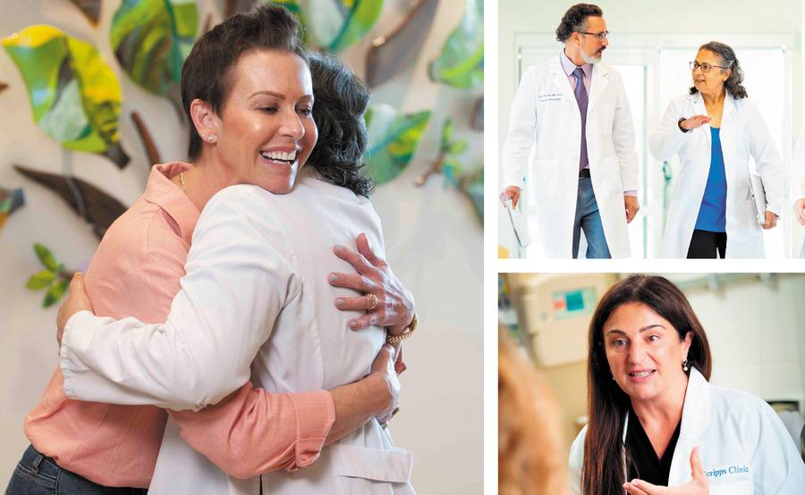 A collage that includes Scripps physicians and a Scripps cancer patient represents cancer care at Scripps Cancer Center.