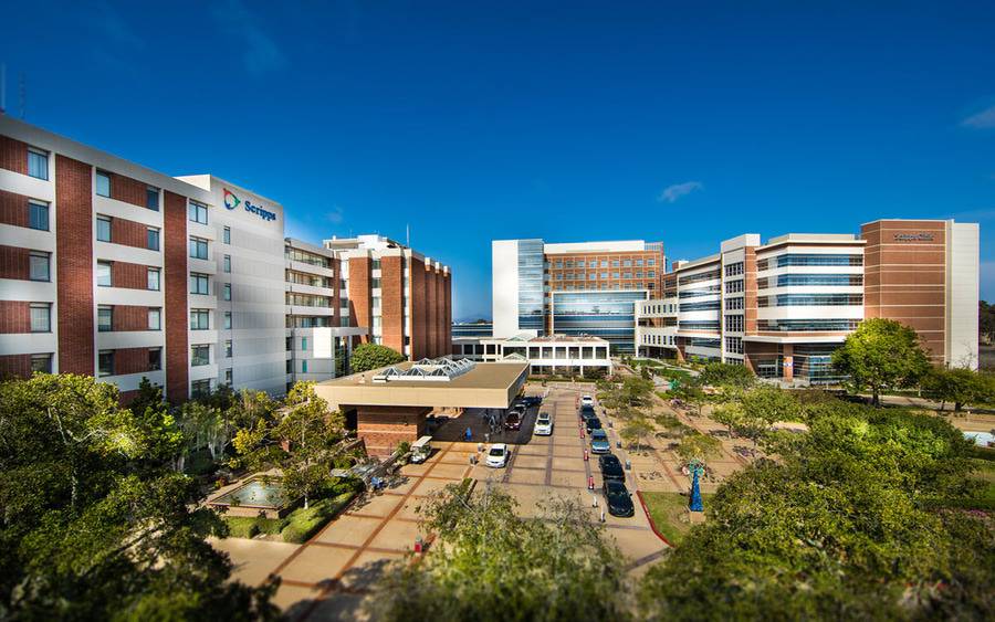 Scripps La Jolla campus showing the front of the main hospital and Scripps Clinic