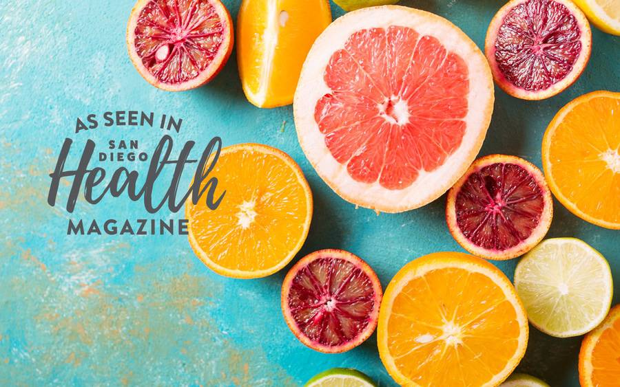 Oranges, grapefruit and lemon represent ways to protect against the cold, flu and other common viruses. San Diego Health Magazine