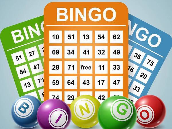 Three green, orange and blue Bingo cards with a blue background. Bingo balls spell out the word Bingo.