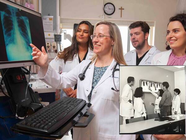 Scripps residents look at a chest X-ray during their Graduate Medical Education program in San Diego. A photo of residents from the early days is also displayed. 