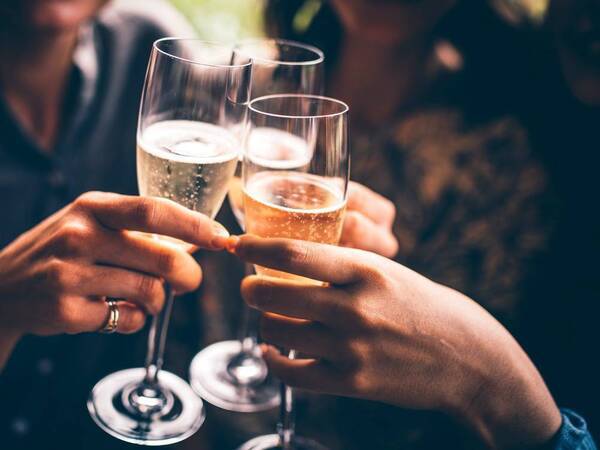 Friends and family do a champagne toast during a holiday gathering.